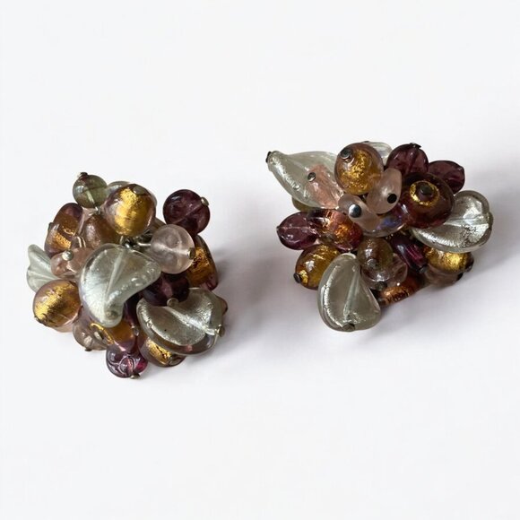 VTG 925 Italy Pierced Glass Chunky Cluster Earrings Brown Purple Rossana fairy - Picture 2 of 14